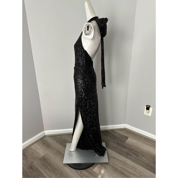 NWT Nookie High Halter Neck Bow Side Split Sequin Charisma Gown Black Size Large - Picture 6 of 10